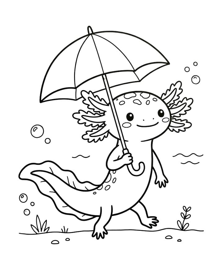 Axolotl hält einen Regenschirm ausmalbilder