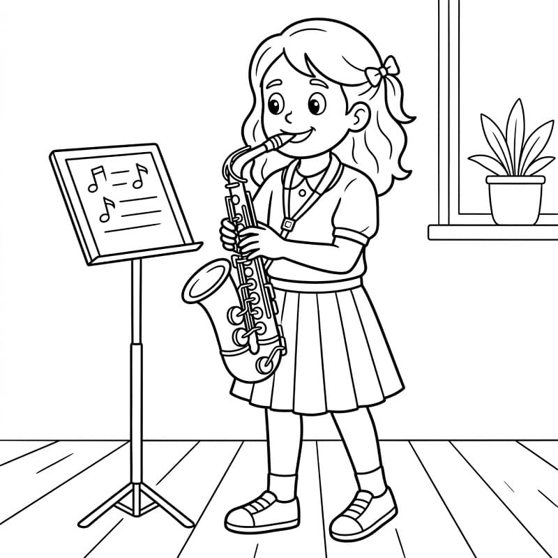 Hübsches Mädchen spielt Saxophon ausmalbilder