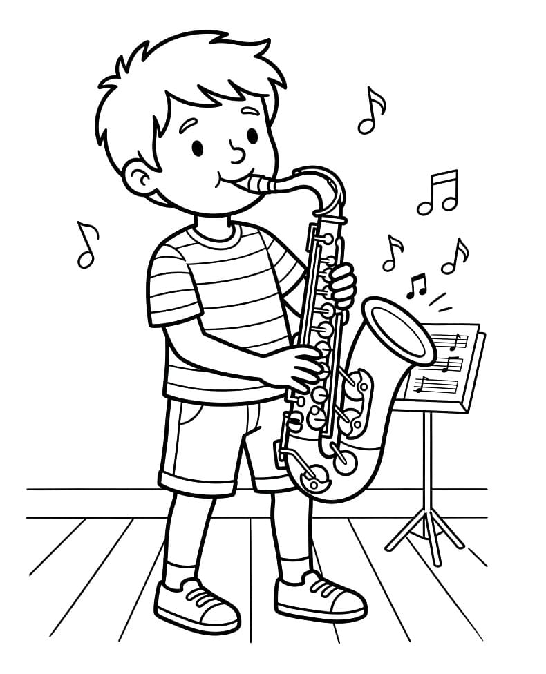 Junge spielt Saxophon ausmalbilder