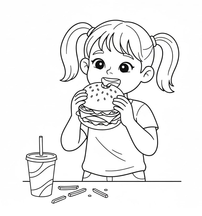 Mädchen isst Hamburger ausmalbilder