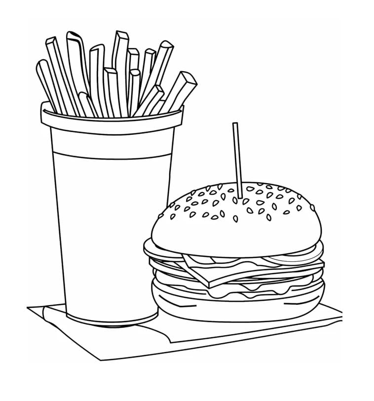Pommes frites mit Hamburger ausmalbilder