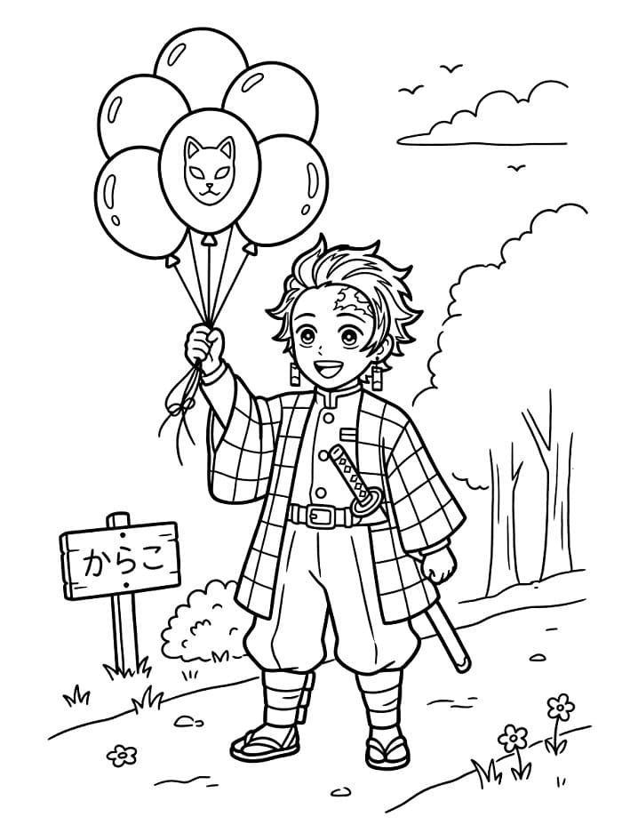 Tanjiro mit Luftballons ausmalbilder