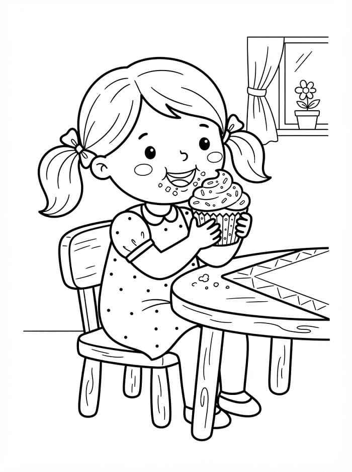 Mädchen isst einen Cupcake ausmalbilder