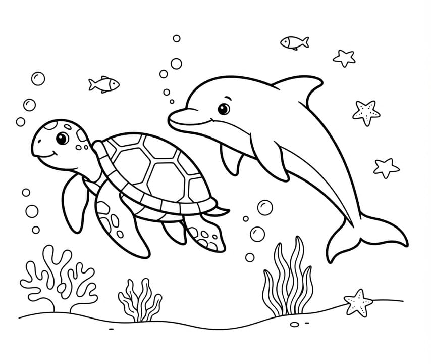 Delfin und Meeresschildkröte
